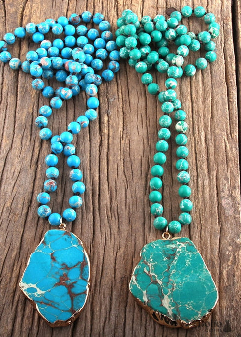 Boho Necklace, RH Turquoise Natural Stone in Blue and Green
